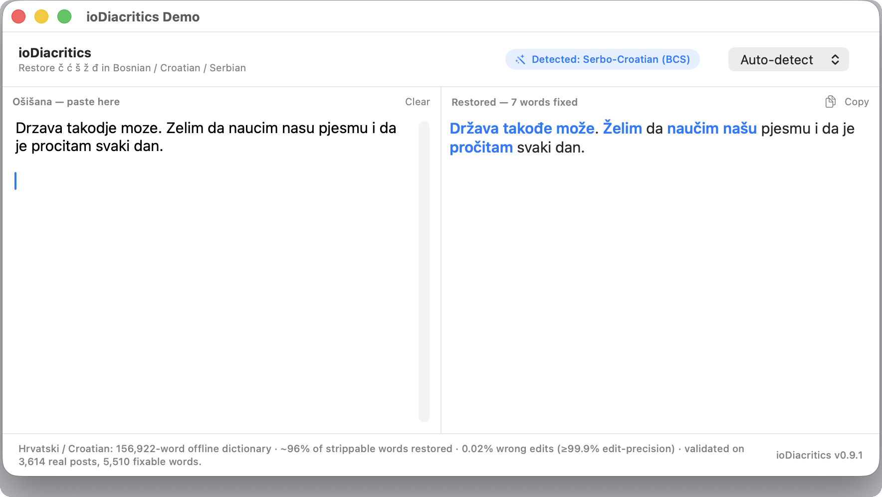 The macOS demo app: stripped text on the left, restored diacritics on the right with changed words highlighted.